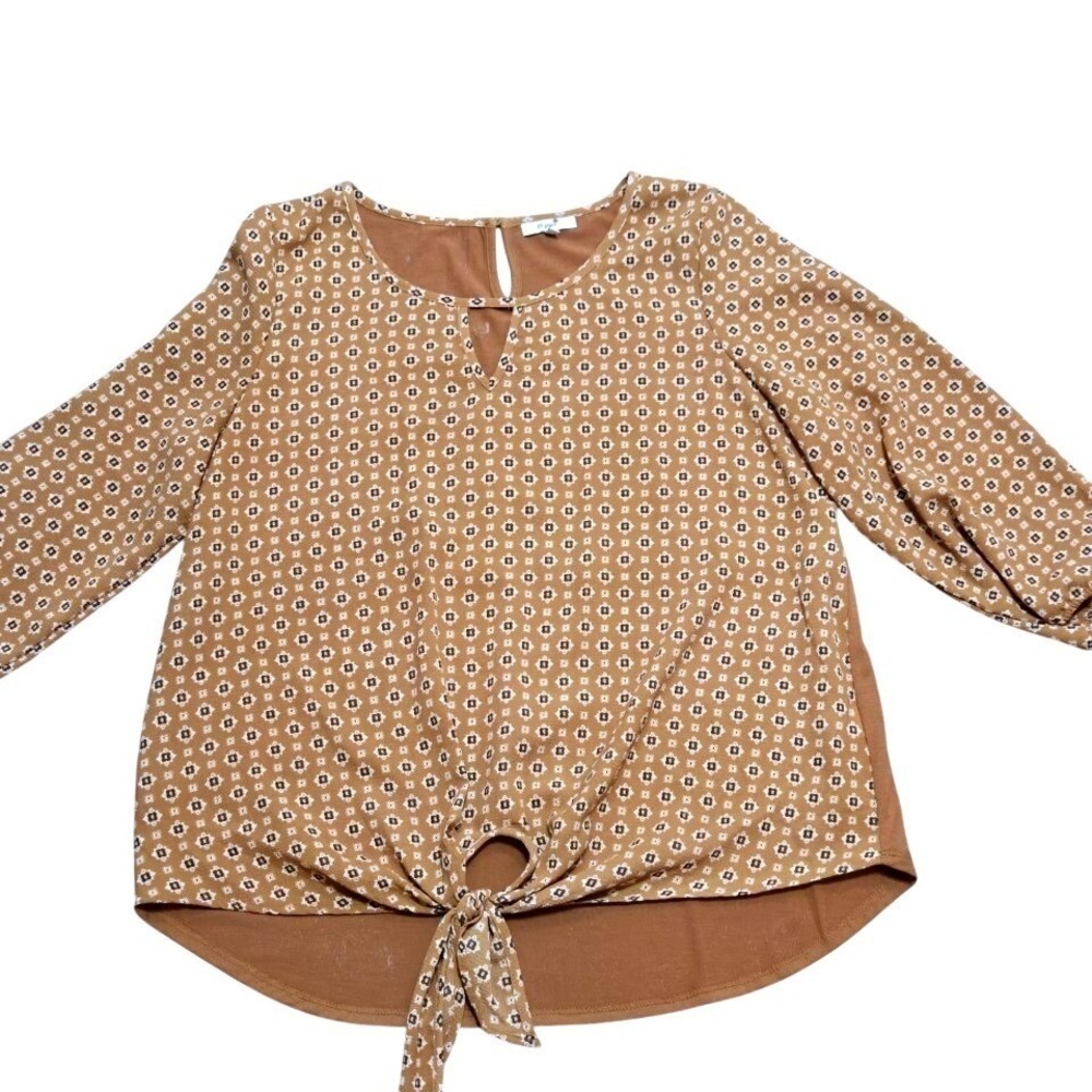 Poppi  XL Brown Geometric Diamond Print Tie Front 3/4 Sleeve Blouse Top